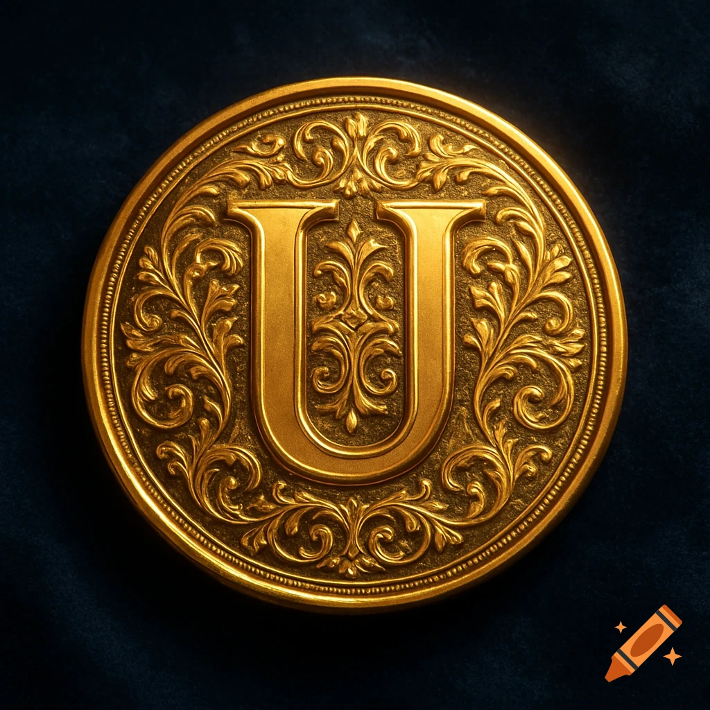 A richly detailed golden coin with an embossed letter 'U' surrounded by ornate filigree on a dark blue background.
