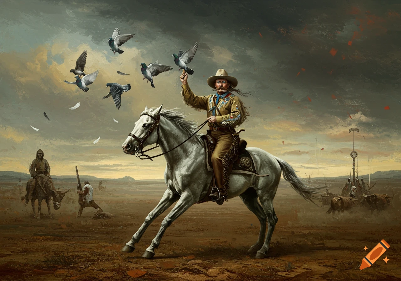 An oil painting of a cowboy on a white horse, releasing pigeons into a dramatic sky above a dry, open landscape.