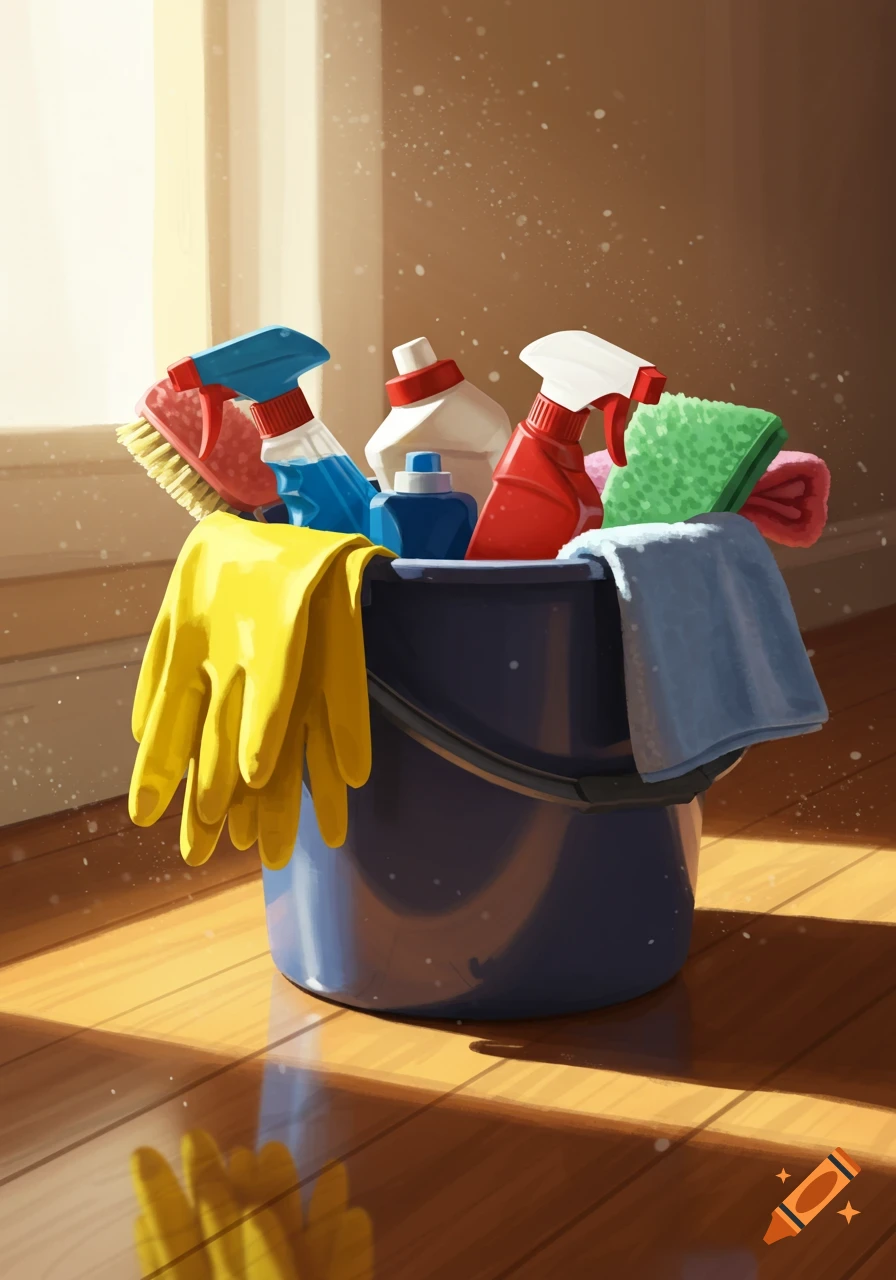 A blue bucket filled with yellow gloves, spray bottles, sponges, and rags, illuminated by sunlight on a wooden floor in an illustrative style.