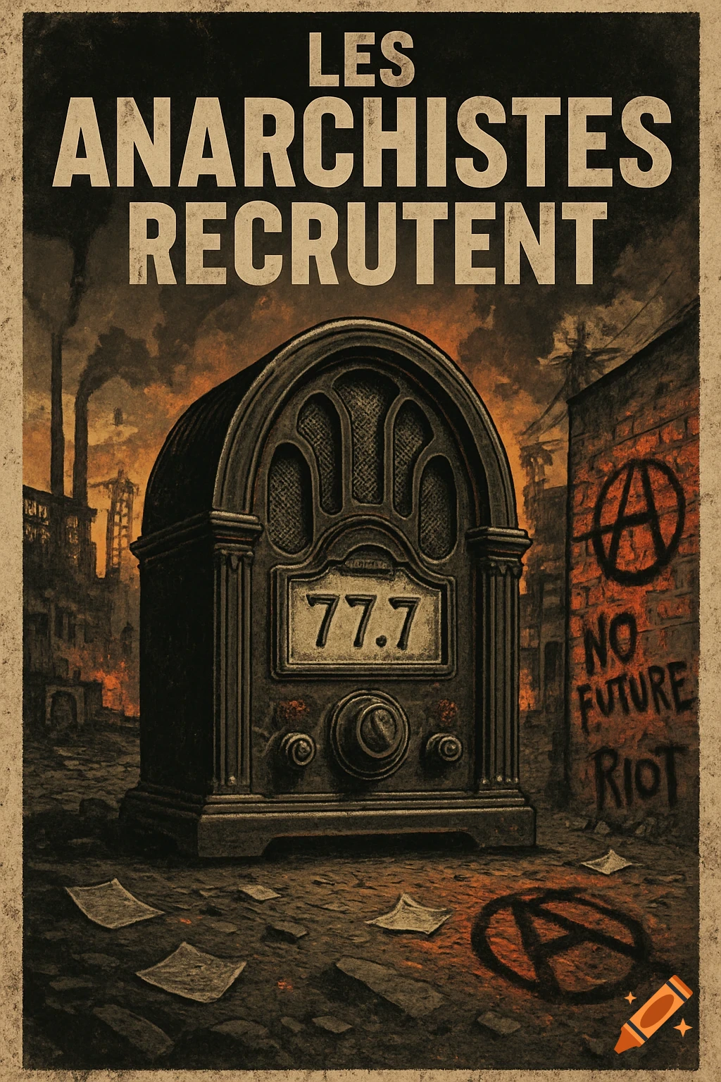 Vintage-style propaganda poster with an antique radio displaying "77.7" in a dystopian city with smokestacks and graffiti reading "No Future Riot" and anarchy symbols. Text at top: "LES ANARCHISTES RECRUTENT".