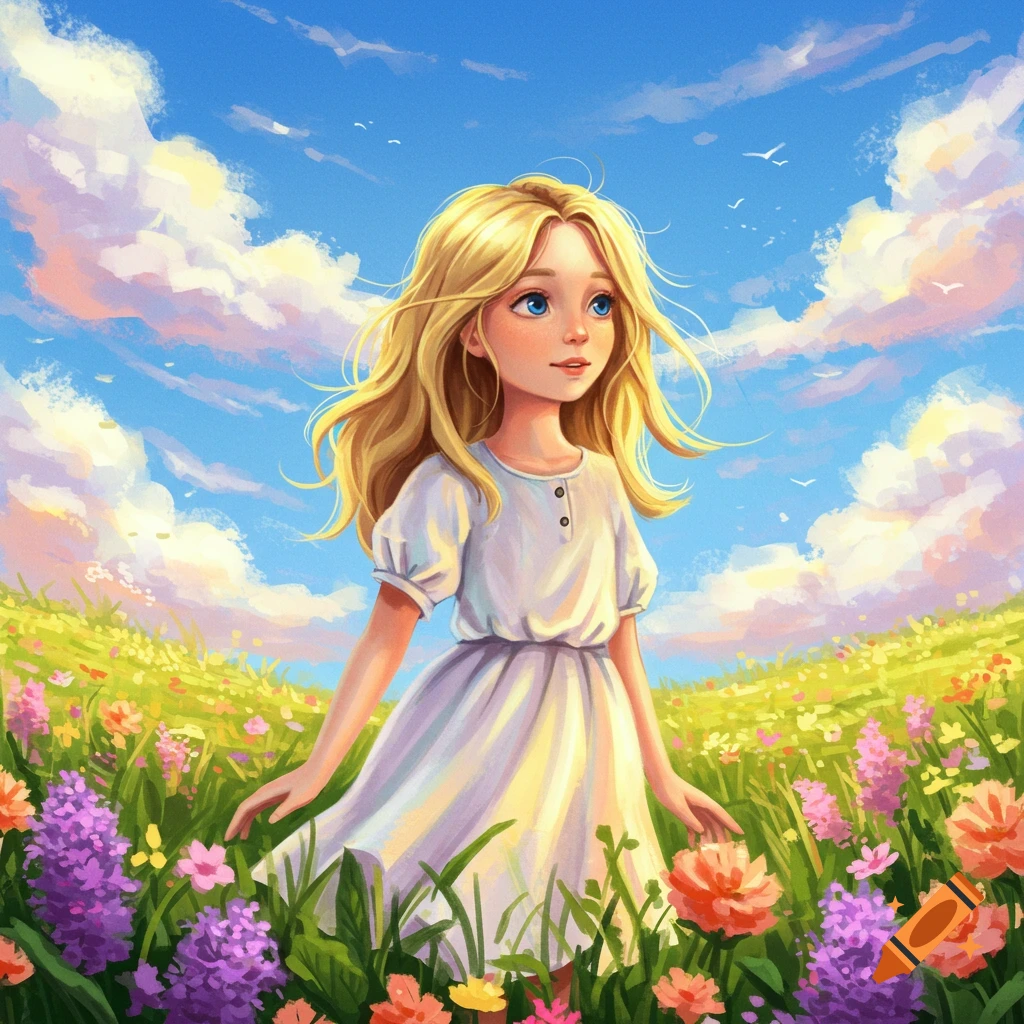 A vibrant digital illustration of a blonde girl in a white dress standing in a field of colorful flowers under a bright blue sky.