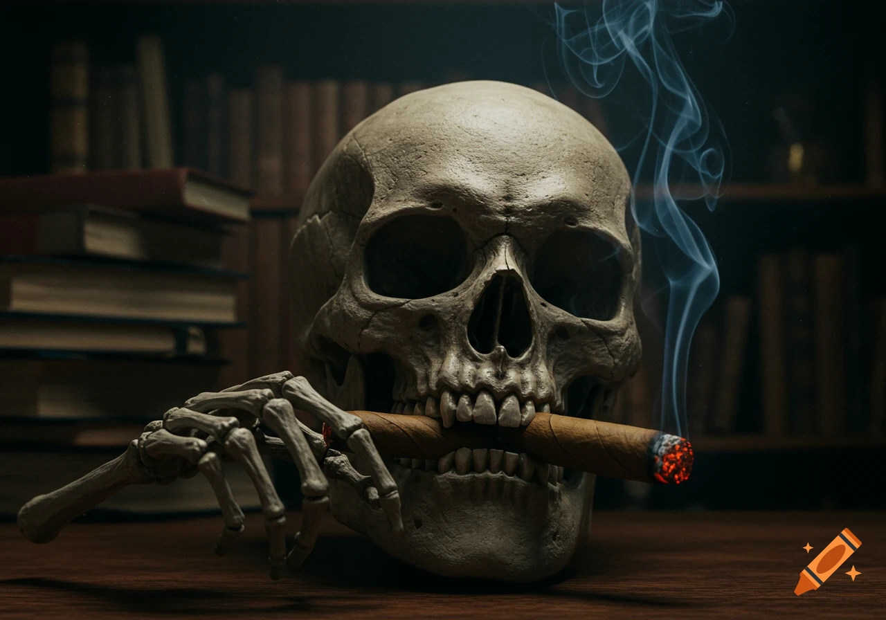 Photorealistic image of a skull holding a lit cigar with a skeletal hand, smoke rising, in a dark library setting.