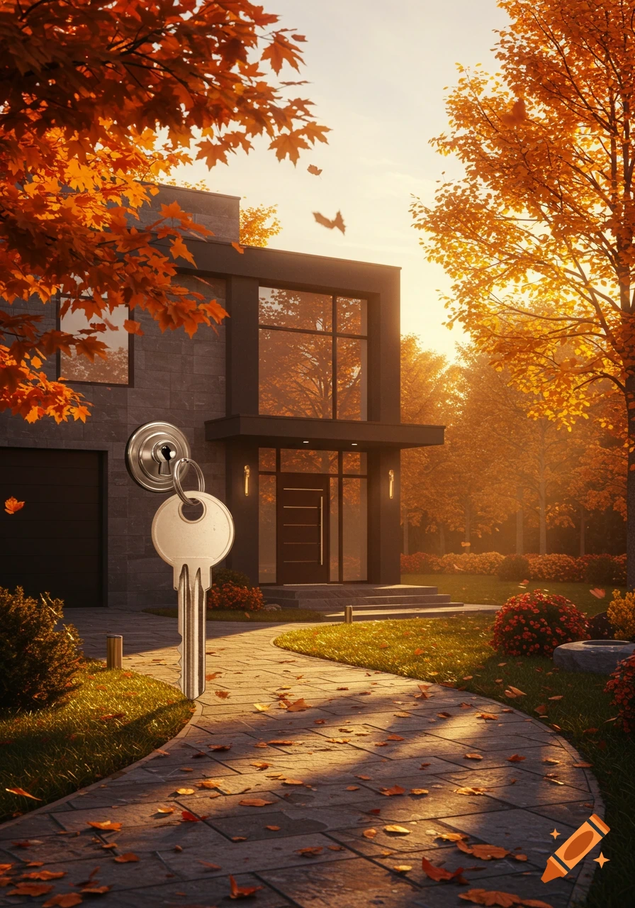 Photorealistic modern house in autumn with vibrant orange trees, a winding path, and a prominent house key.
