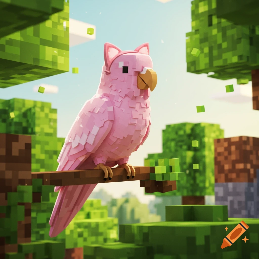 A pink blocky parrot with cat ears sits on a branch in a Minecraft-style pixel art forest.