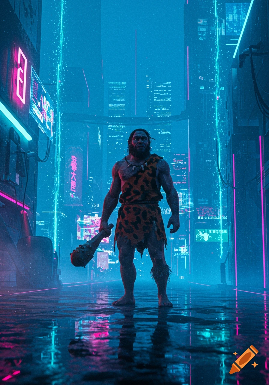 A caveman holds a club in a futuristic cyberpunk city alley, illuminated by bright blue and pink neon lights reflecting on the wet ground.