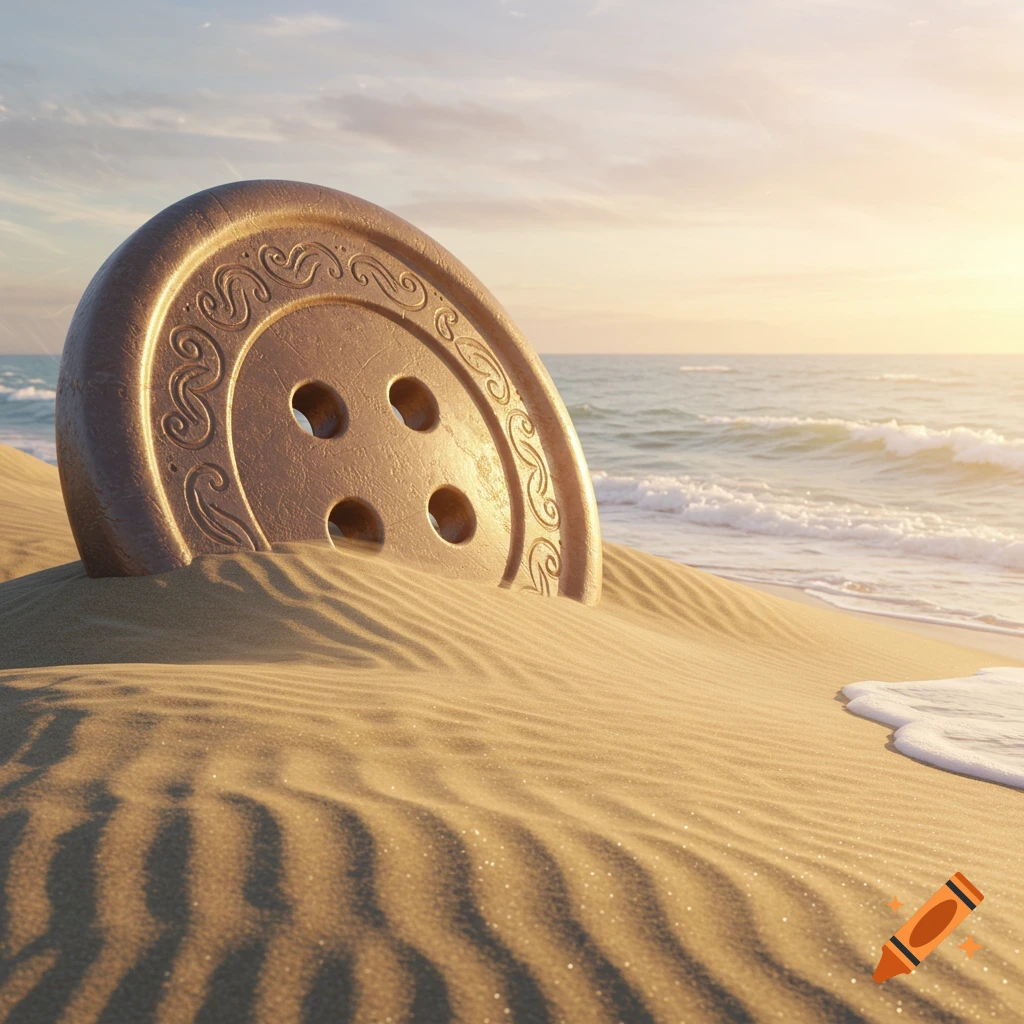 A giant ornate golden button is half-buried in the sand on a sunlit beach with ocean waves in the background.