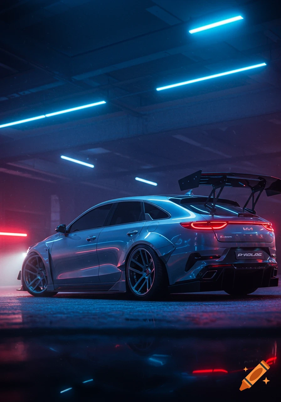 A heavily modified silver Kia Proceed 2025 with a wide bodykit and large rear spoiler, bathed in blue and red neon lights in a dark parking garage, reflected in a wet floor.