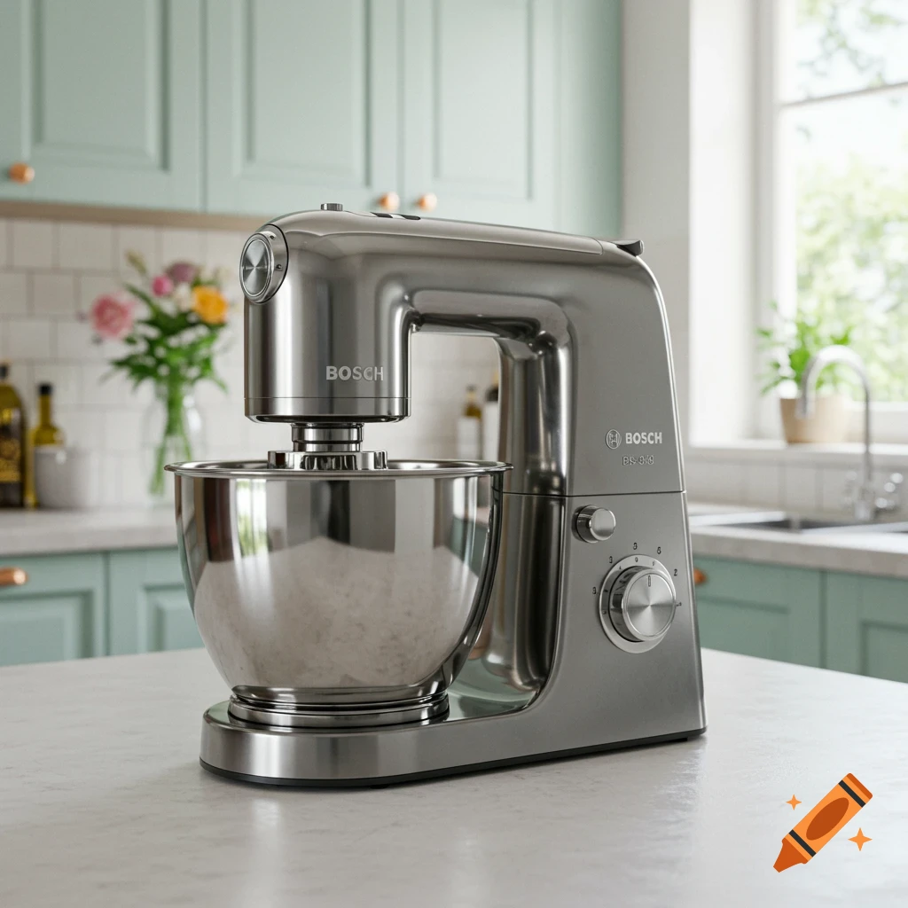 A photorealistic image of a shiny stainless steel Bosch stand mixer with a mixing bowl on a white countertop in a modern kitchen.