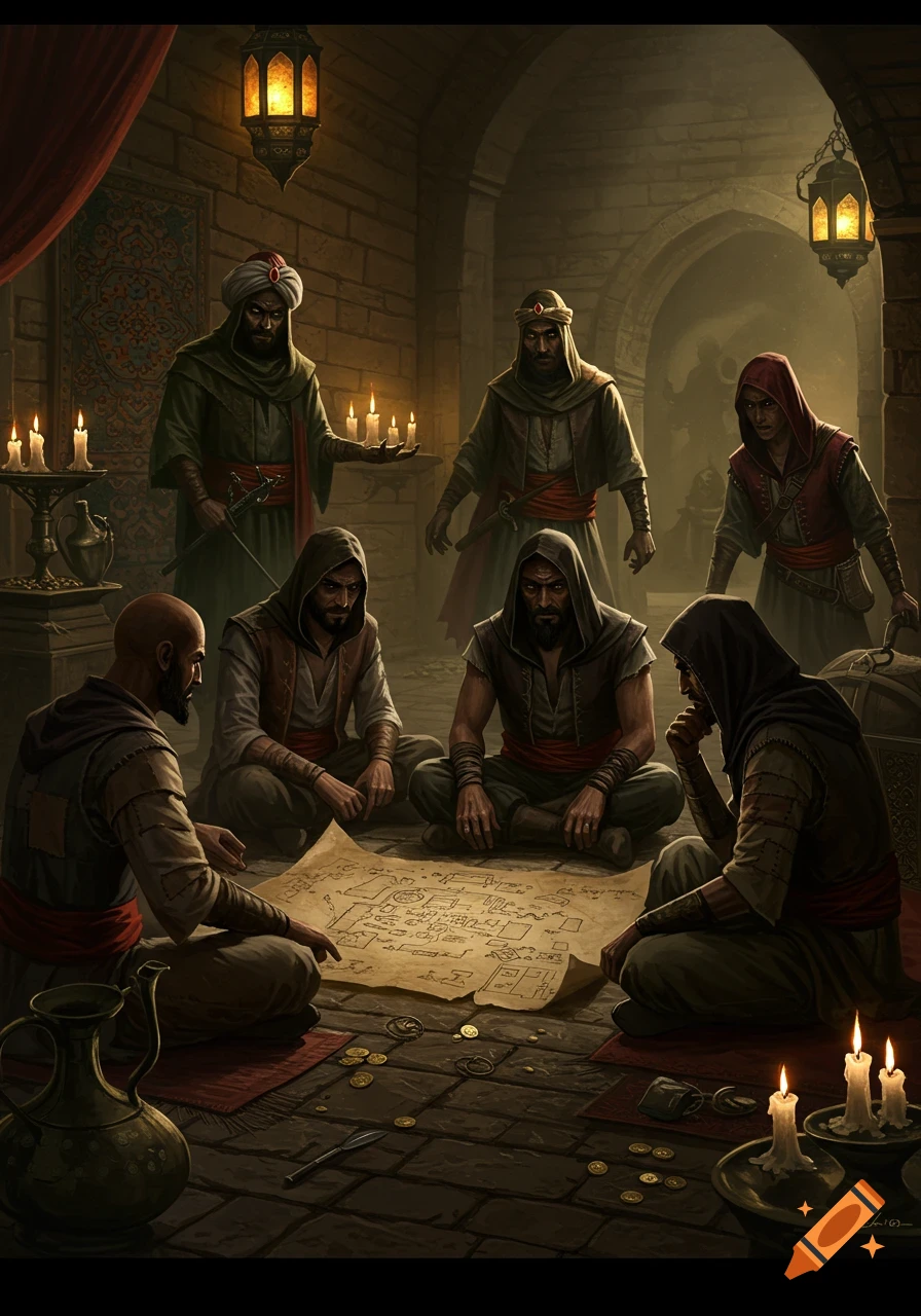 Fantasy art of robed men huddled around a map on a stone floor, planning in a dimly lit ancient room with lanterns.