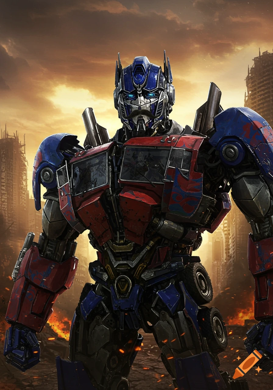 A photorealistic Optimus Prime robot with a small mustache stands heroically amidst a ruined city under an orange sky.
