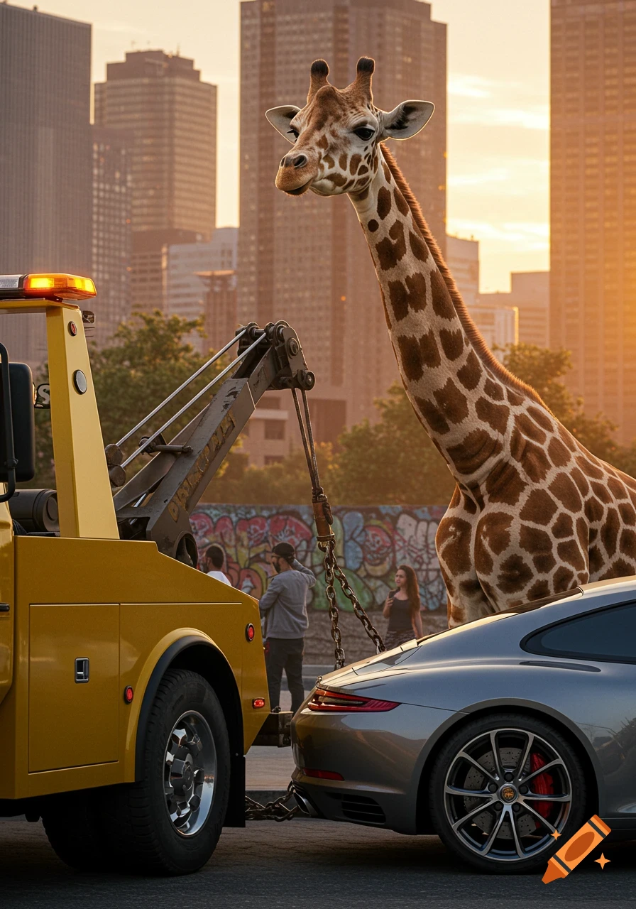 A giraffe watches a yellow tow truck hook up a grey Porsche in a city at sunset.