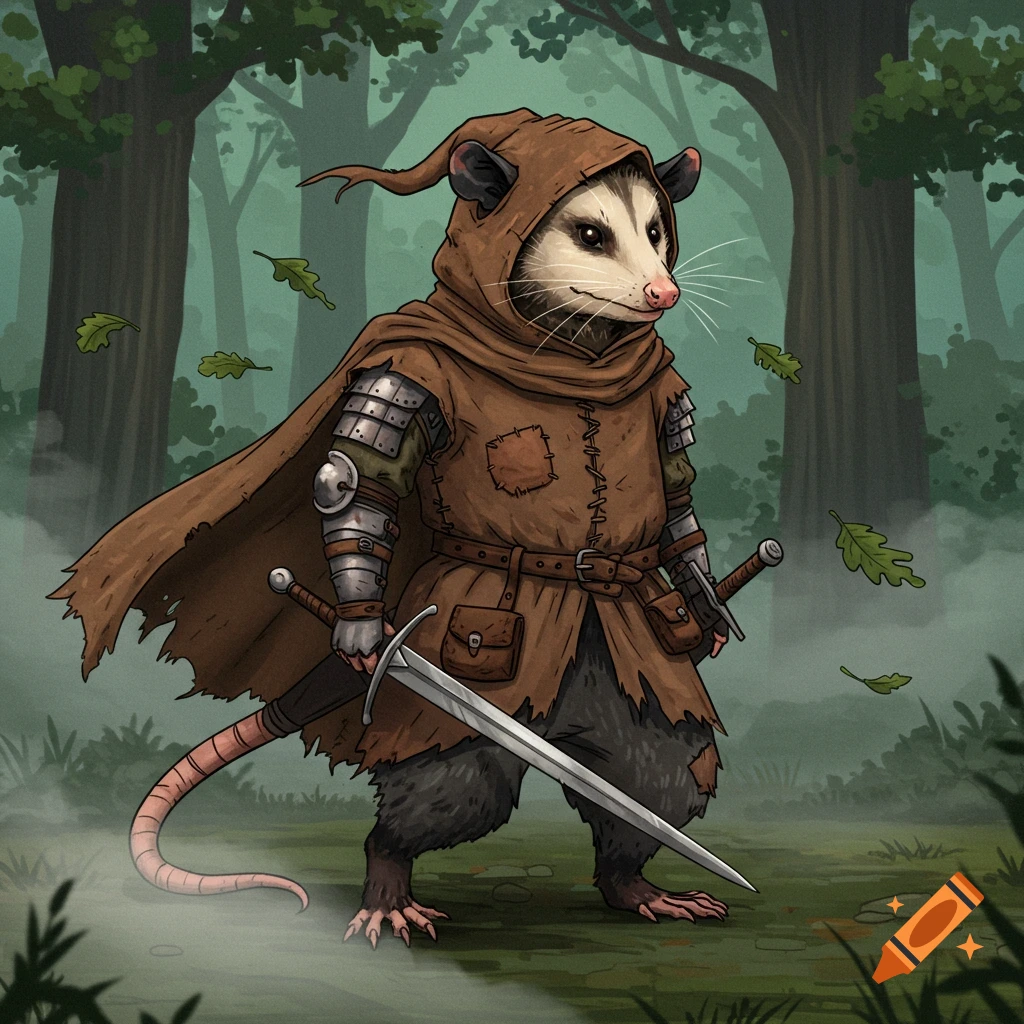 An opossum knight in a tattered brown cape and hood, wearing armor and holding two swords, stands in a misty forest.