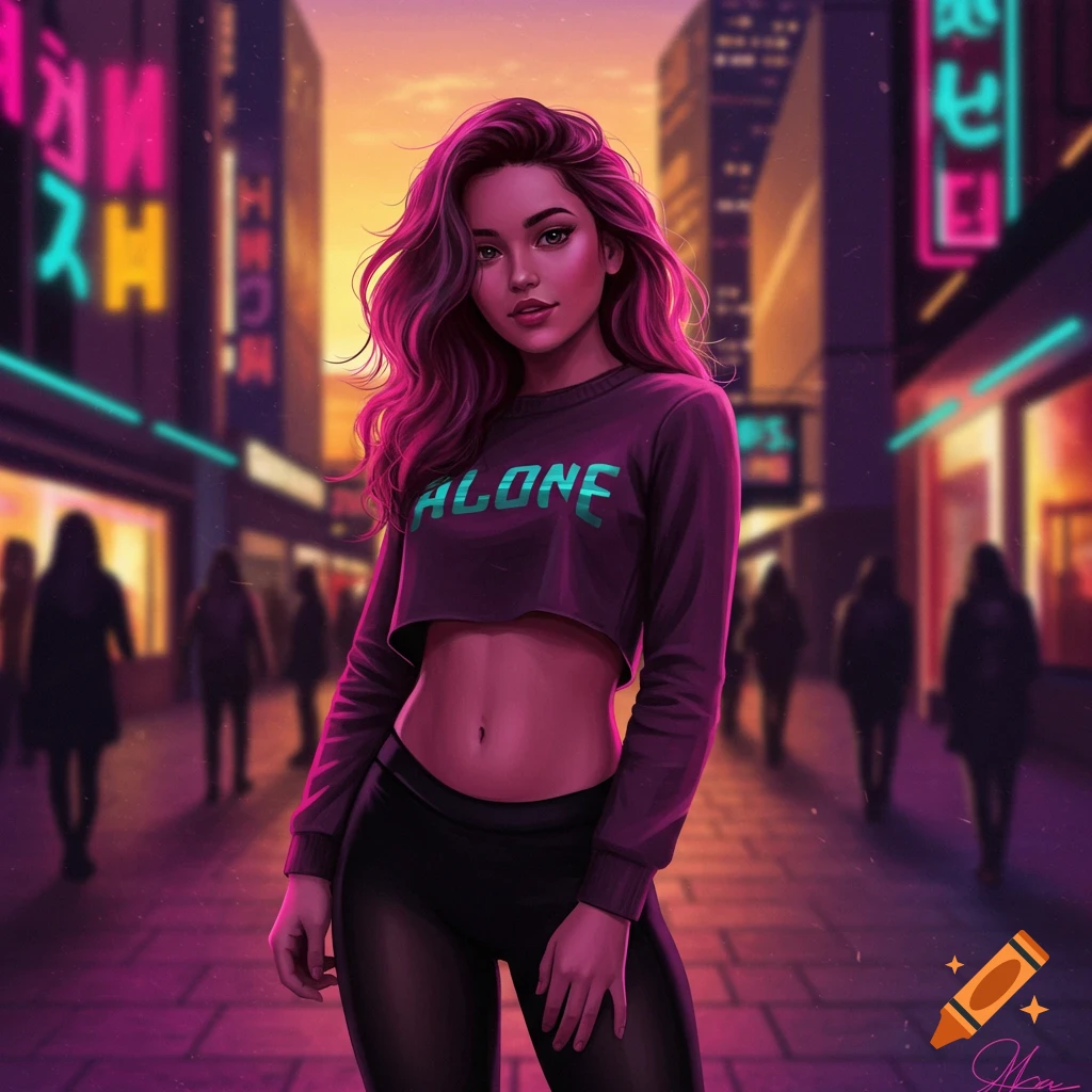 A woman with pink hair in a black cropped top and tights stands on a neon-lit street at sunset, looking forward. Her shirt says "ALONE" in teal.