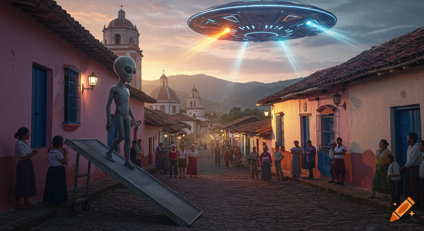 Photorealistic image of a grey alien descending a ramp from a UFO over a colonial Latin American town at sunset, with onlookers.