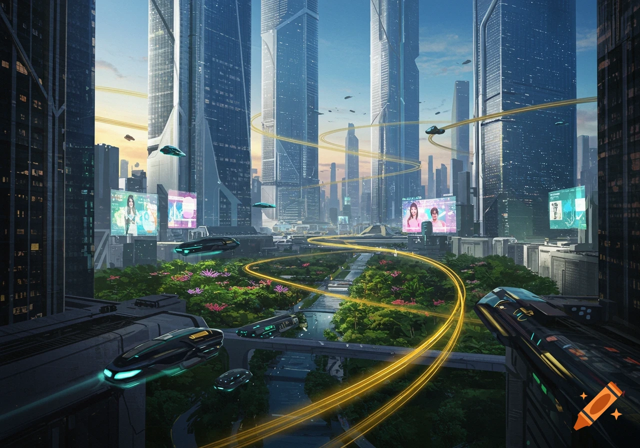 A vibrant, futuristic city with towering skyscrapers, lush green parks, and glowing yellow pathways for sleek flying vehicles. Large digital billboards display abstract content and people.