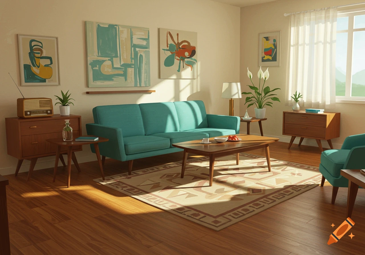 Bright mid-century modern living room with a teal sofa, wooden furniture, abstract art, and houseplants.