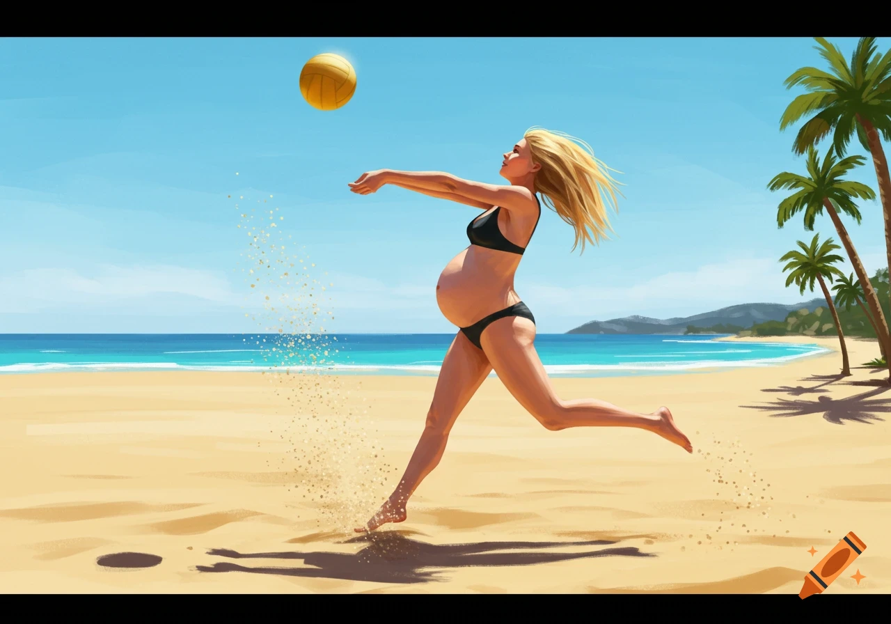 An illustration of a pregnant woman in a black bikini playing volleyball on a sunny beach.