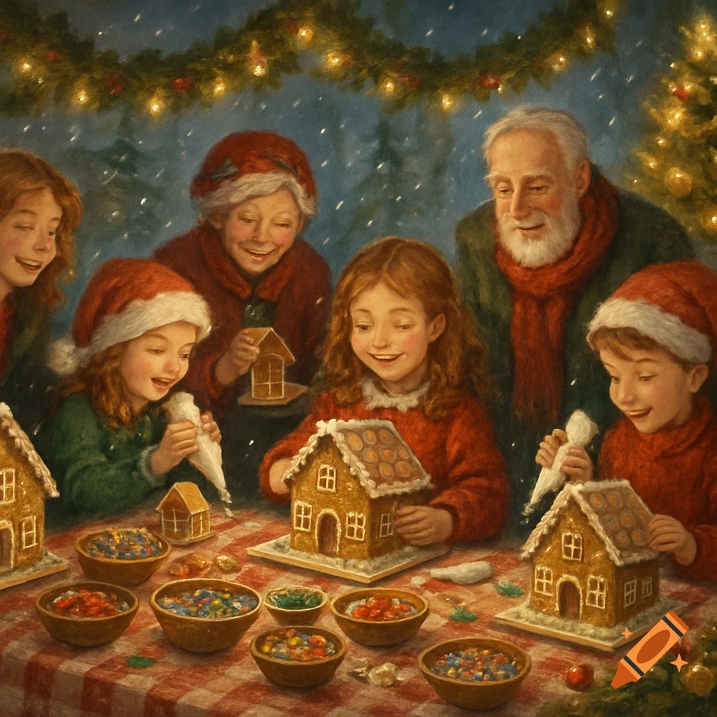 A family, including children and grandparents, decorates gingerbread houses at a festive table, surrounded by Christmas lights and falling snow.