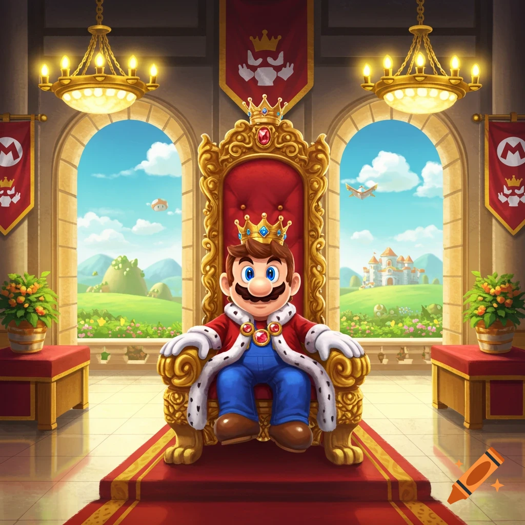 Cartoon Mario, wearing a king's robe and golden crowns, sits on a grand golden throne in a castle hall overlooking a bright landscape.