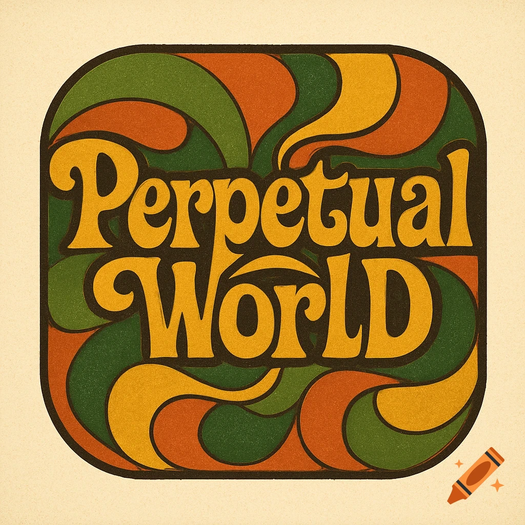 A 70s style logo featuring the text "Perpetual World" in gold, set against dark background with green and orange swirling shapes.