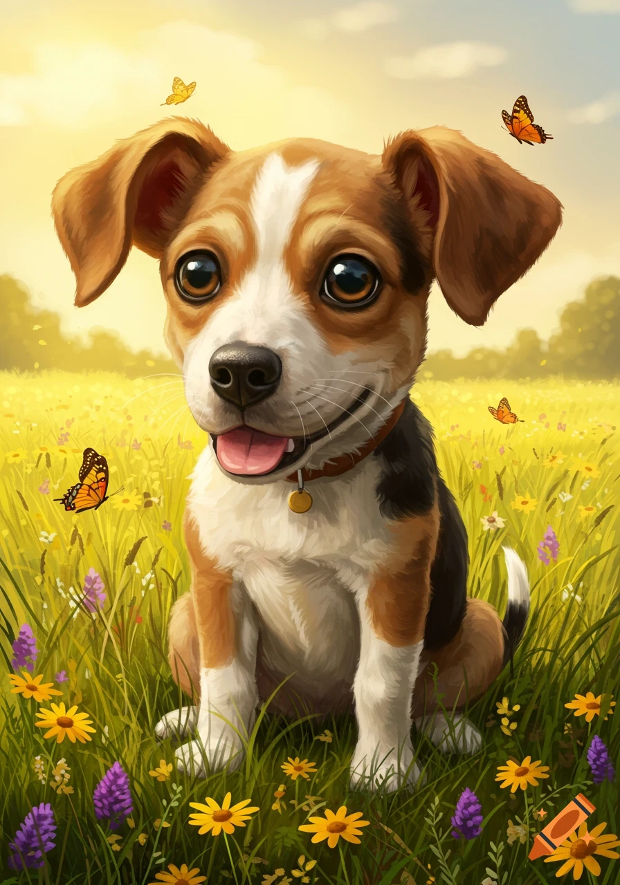 A cute brown and white puppy with big eyes sits in a sunny field of yellow and purple flowers, surrounded by butterflies. Illustration style.