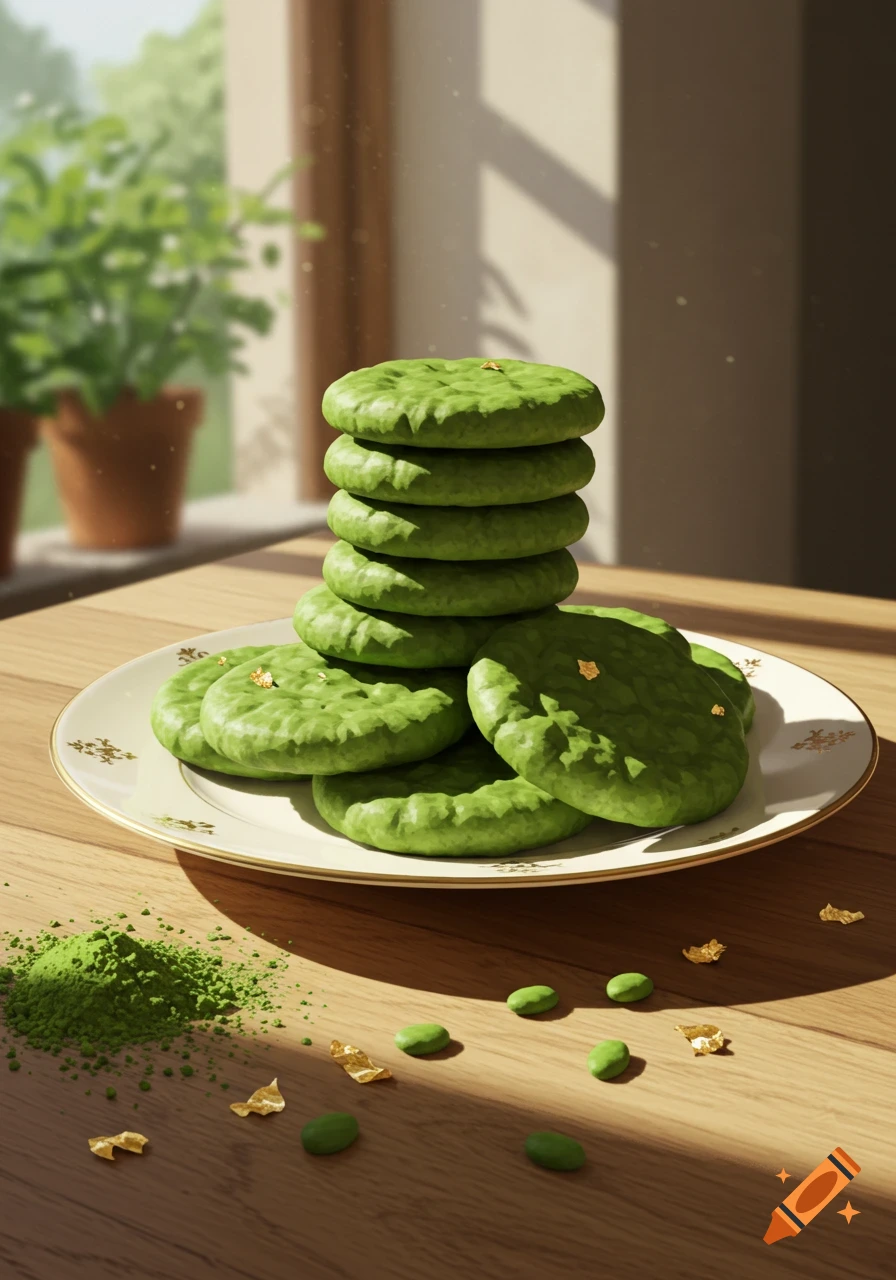 A stack of green matcha cookies with gold flakes on a white plate, with matcha powder and loose cookies on a wooden table. Photorealistic.