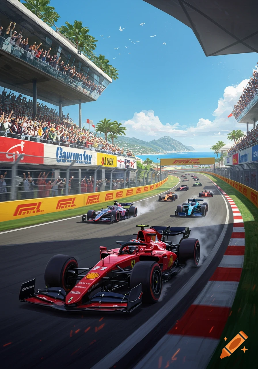 An F1 race with several cars on a coastal track, crowded grandstands, and mountains in the background under a blue sky.
