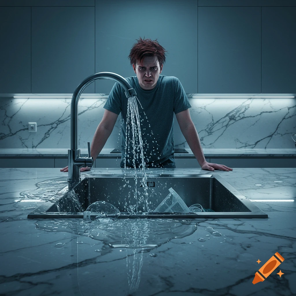 A distressed man with red hair stands in a modern kitchen as water overflows from a sink onto the marble counter. Photorealistic style.