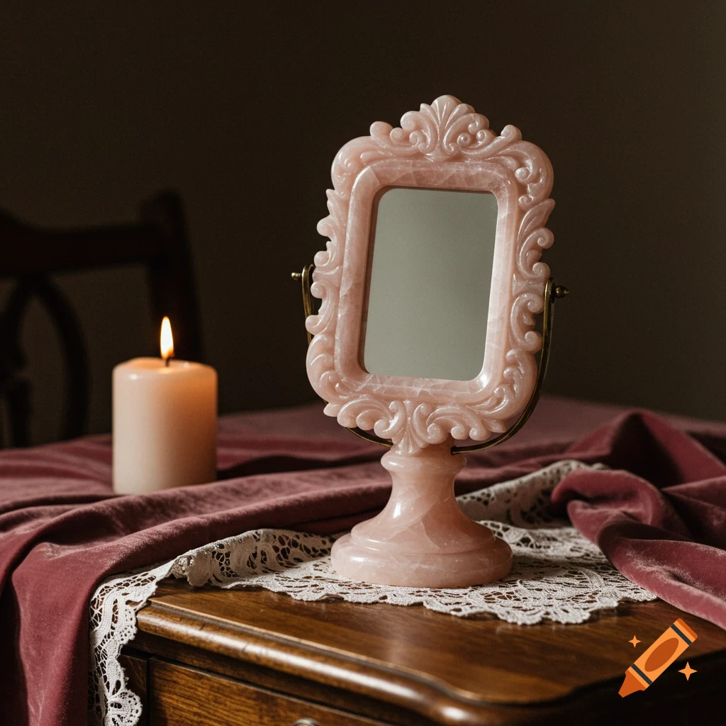 A pink rose quartz ornate mirror and a lit candle sit on a wooden table draped with pink velvet and white lace.