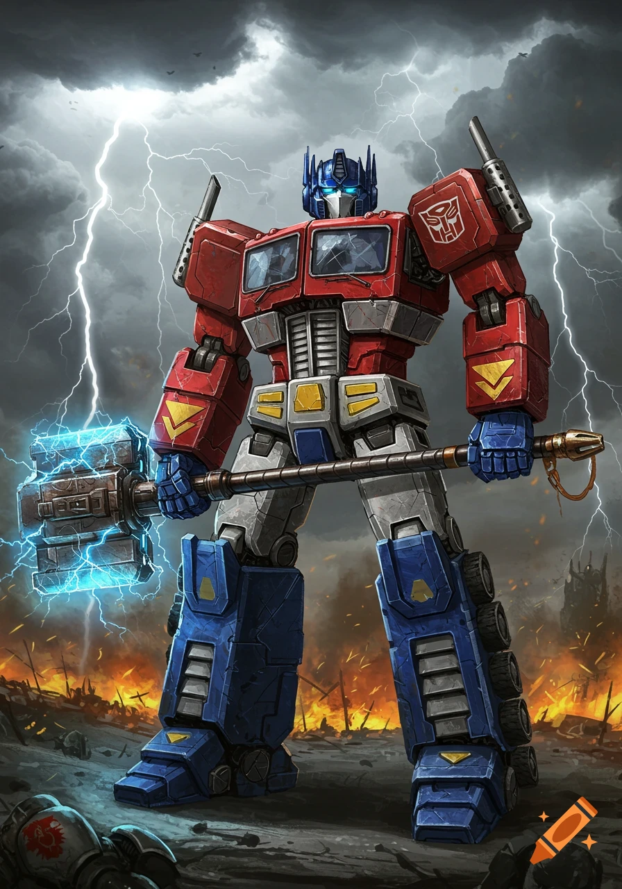 Optimus Prime, a red and blue robot, wields a glowing thunder hammer amidst a stormy, burning battlefield.