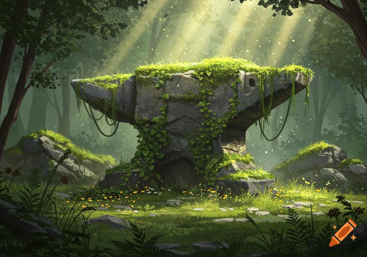 Digital painting of an ancient, moss-covered anvil-shaped rock in a sun-dappled forest clearing with ferns and wildflowers.