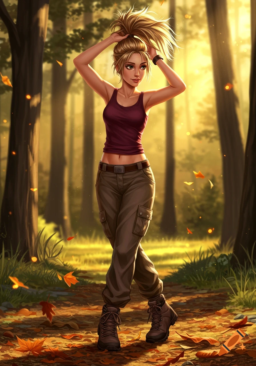An illustrated young woman in a burgundy tank top, cargo pants, and hiking boots ties her blonde hair into a high ponytail on a sunny autumn forest path.
