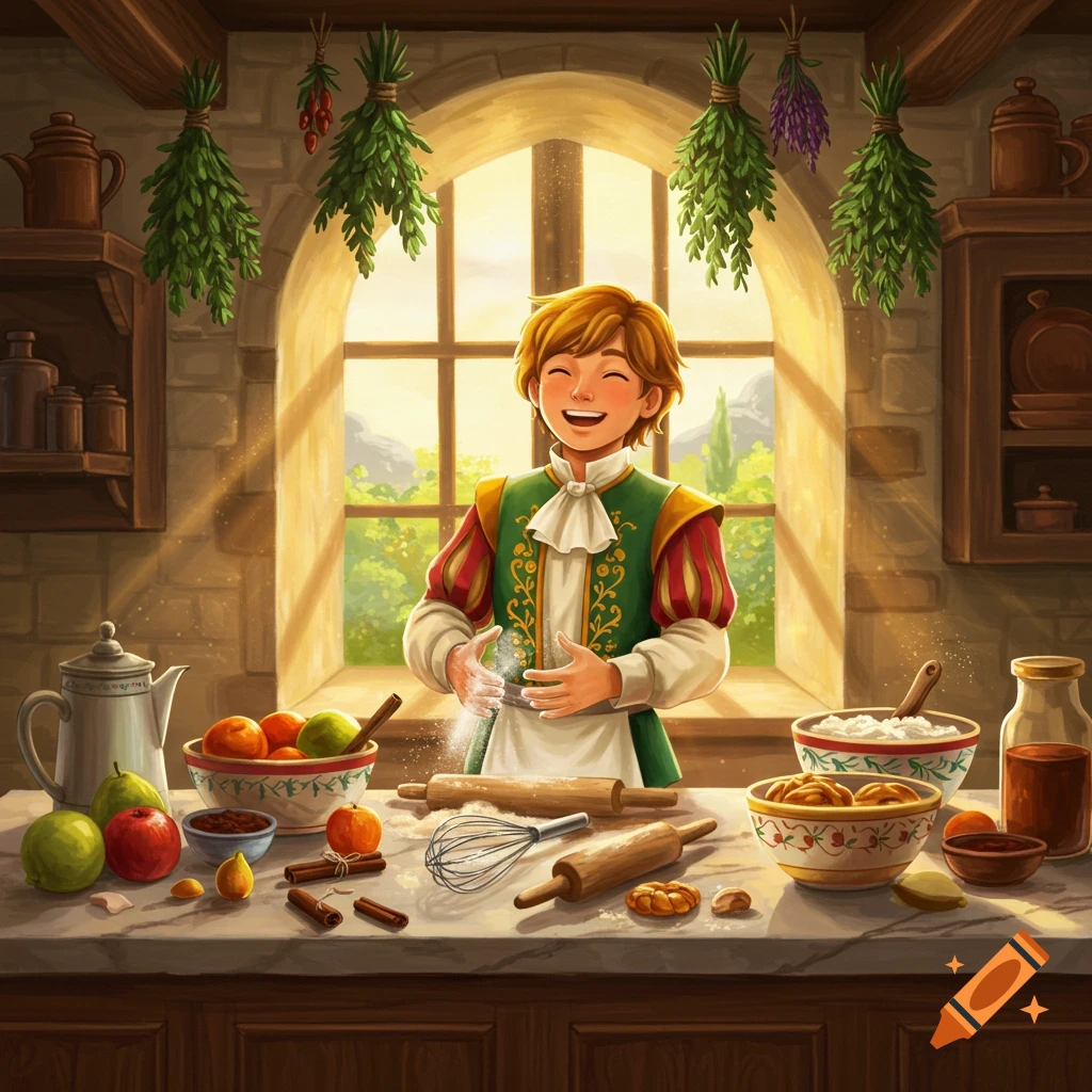 A happy young prince in a rustic kitchen, sifting flour, with baking ingredients and fresh produce on the counter. Illustrated.