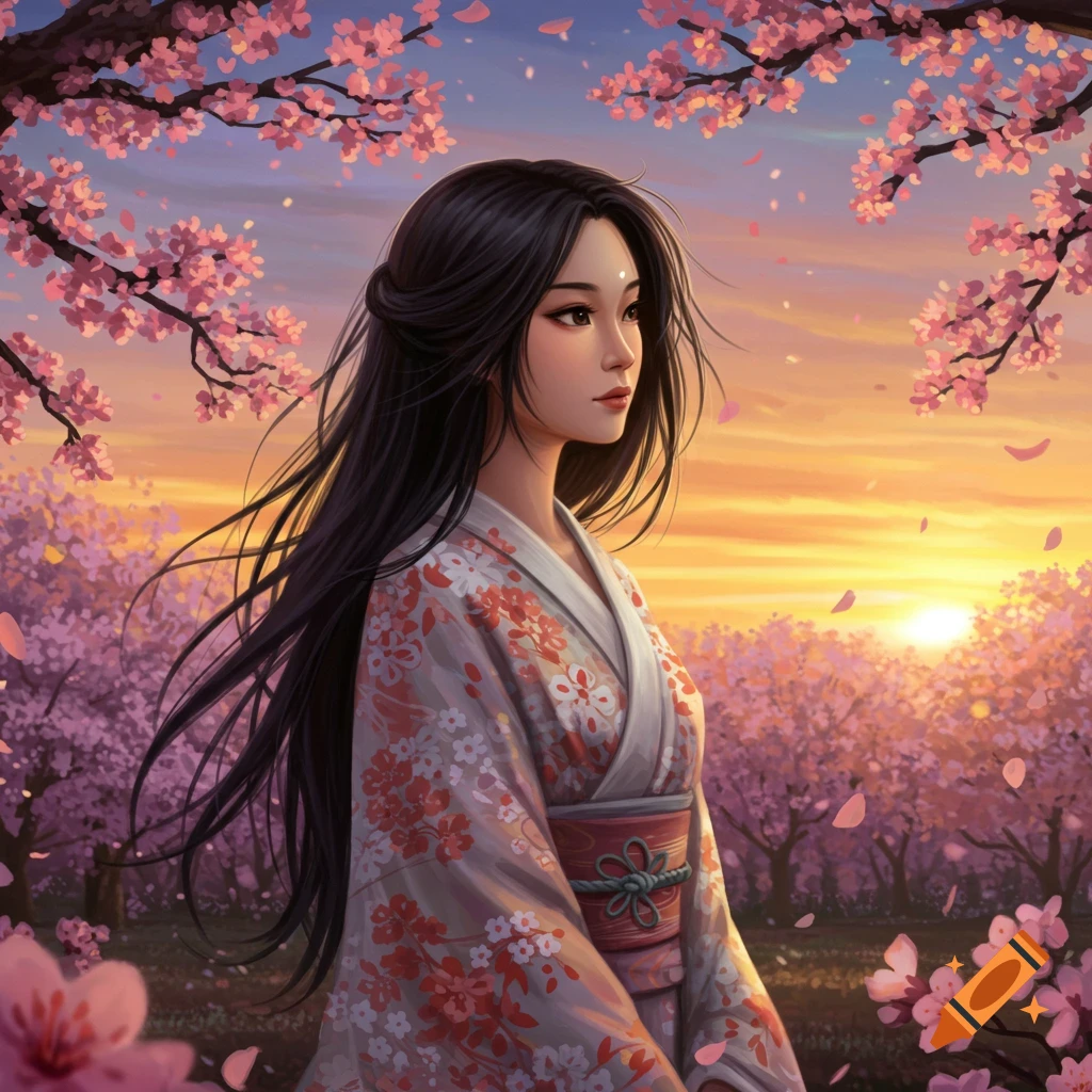 A beautiful Asian woman in a floral kimono stands among pink cherry blossoms at sunset, digital illustration.