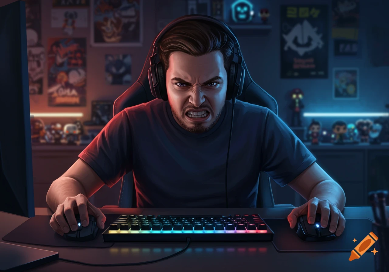 An angry male gamer with headphones at his glowing keyboard and mouse in a dimly lit, poster-filled room.
