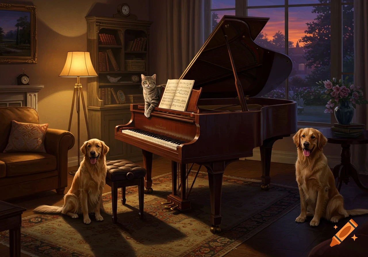 Photorealistic image of a tabby cat on a grand piano with sheet music, flanked by two golden retrievers in a cozy, richly furnished room at sunset.