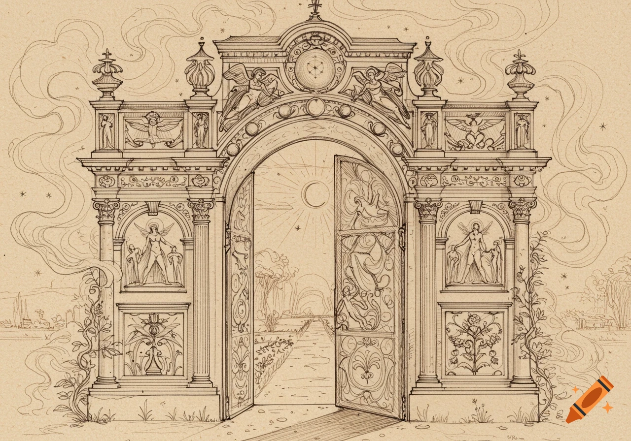 An ornate architectural gate in Leonardo da Vinci sketch style, adorned with figures, opening to a path under a crescent moon.