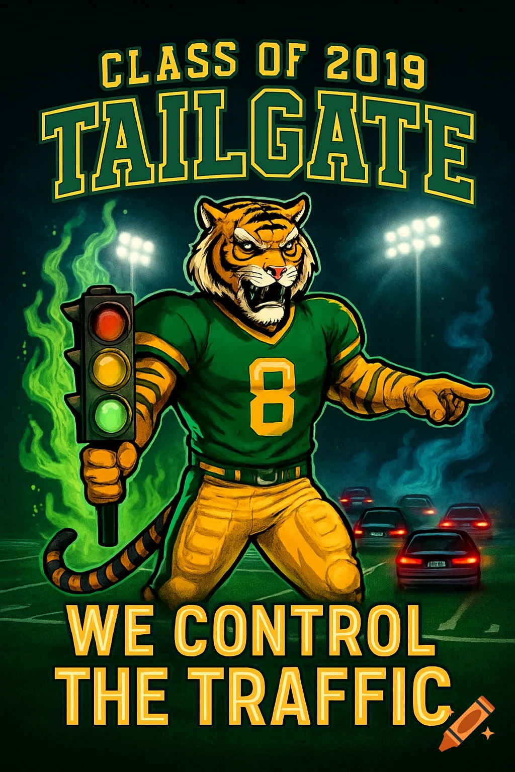 Fierce tiger mascot in green and gold football uniform directs traffic on a night football field. Text: 'CLASS OF 2019 TAILGATE', 'WE CONTROL THE TRAFFIC'.