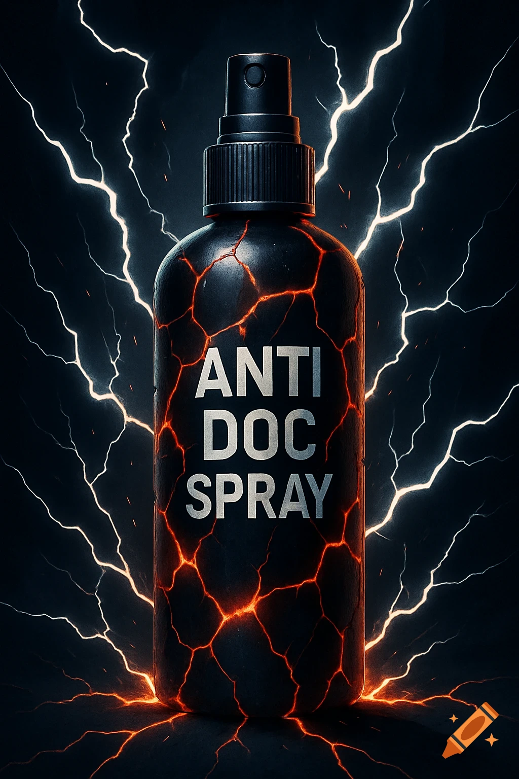 Dark metallic spray bottle with red glowing cracks and 'ANTI DOC SPRAY' text, surrounded by white lightning.