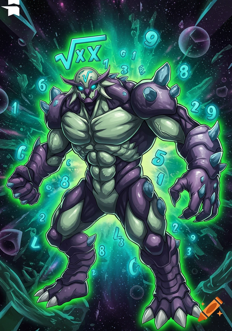 A vibrant cartoon mathematical monster with a square root symbol head, standing in space surrounded by glowing numbers.