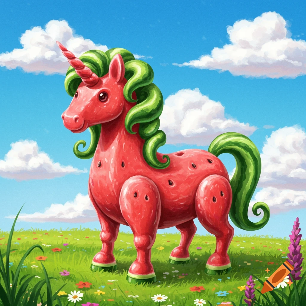 A stylized red unicorn with green, watermelon-rind-patterned mane and tail stands in a vibrant green meadow under a blue sky with fluffy clouds.