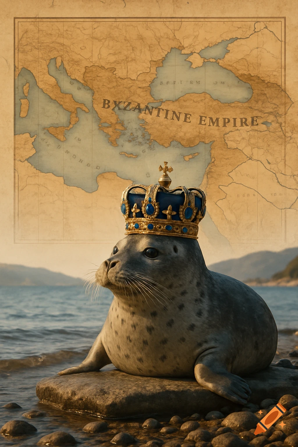 Photorealistic harbor seal wearing a gold and blue crown, sitting on a rock in the water with an old map of the Mediterranean region in the background.