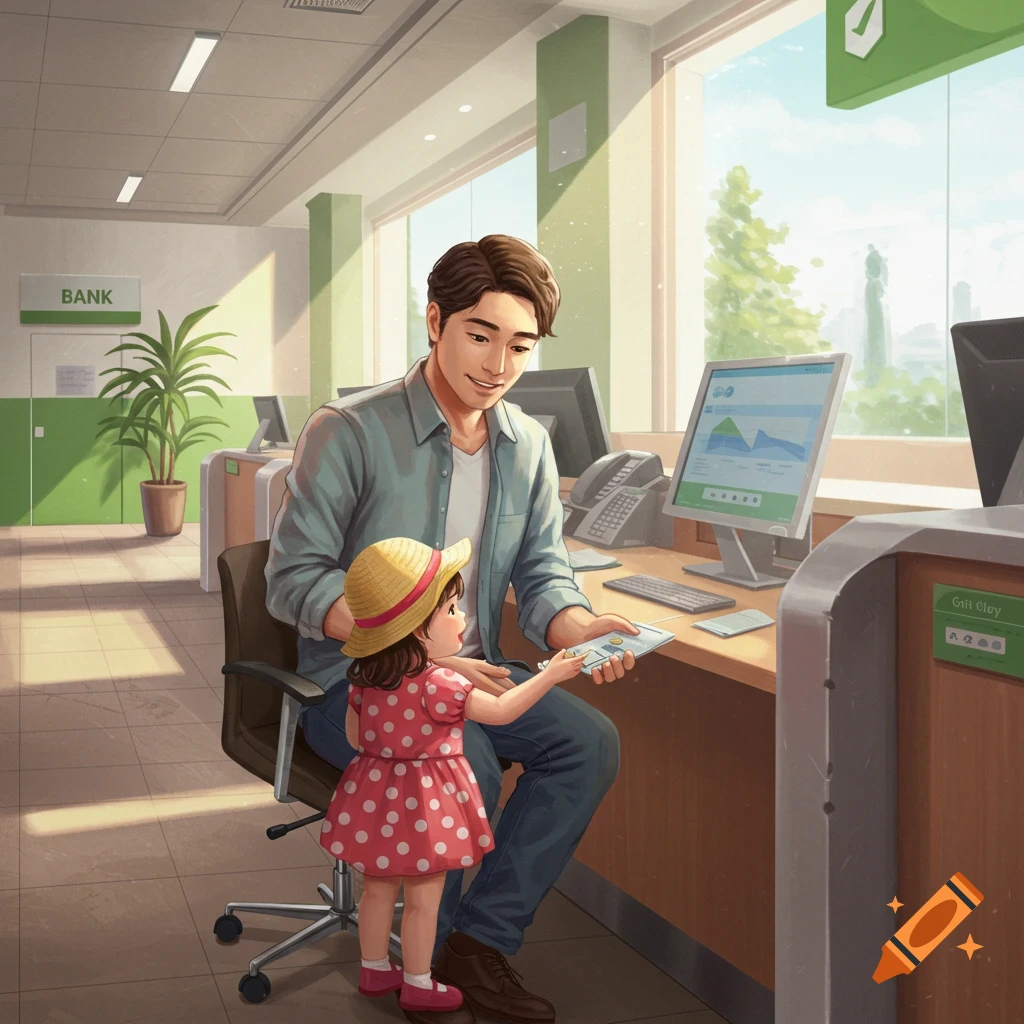 Illustration of a father and young daughter at a bank counter, with the father showing her a document.