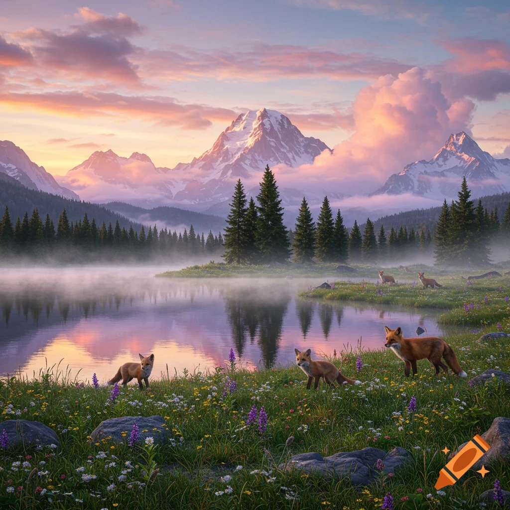 Photorealistic mountain landscape with a serene lake at sunrise, misty waters, pine forests, and several red foxes amidst wildflowers.