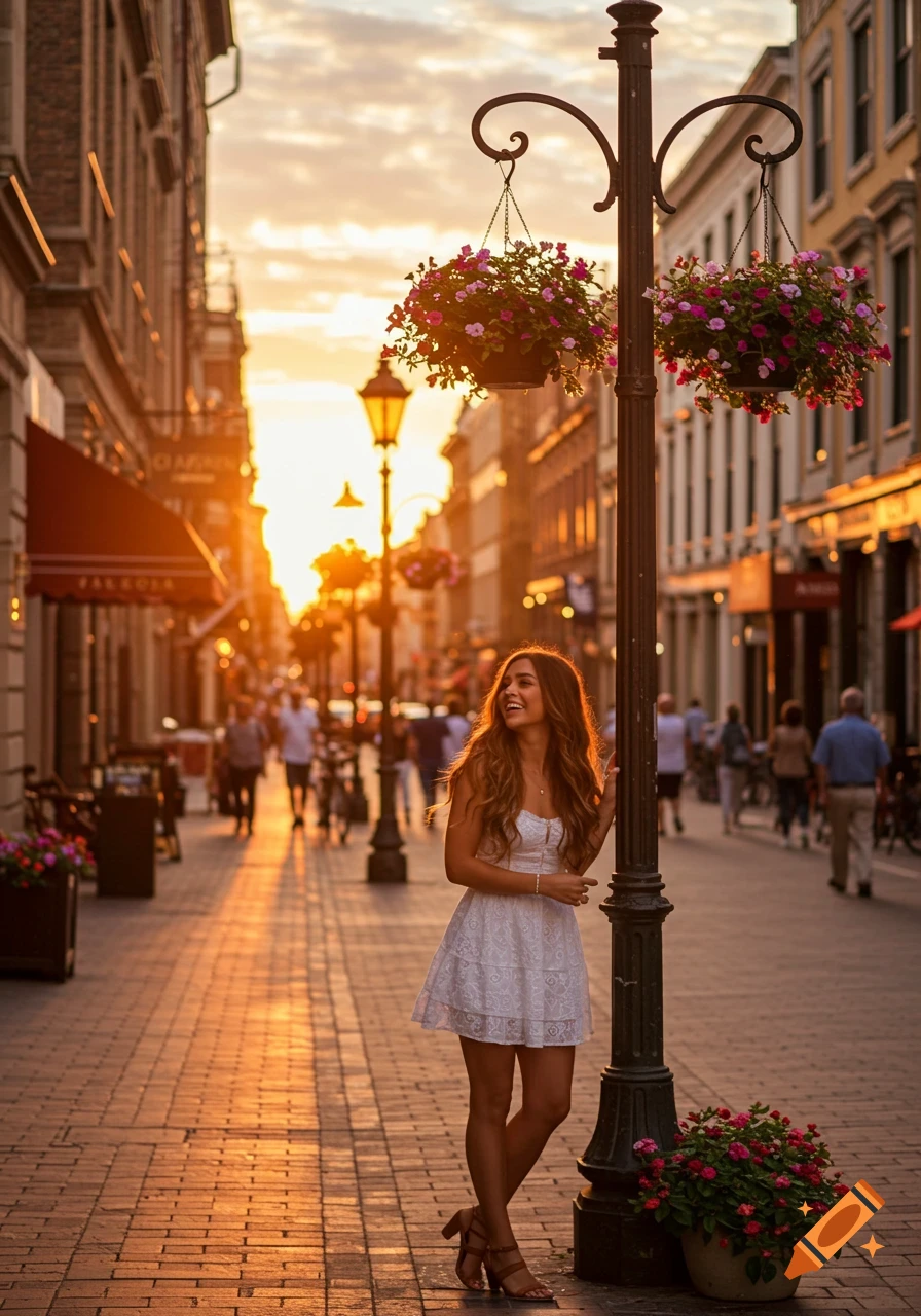 A smiling young woman in a white dress stands by a lamppost with flower baskets on a cobblestone street at sunset, with buildings lining the background.