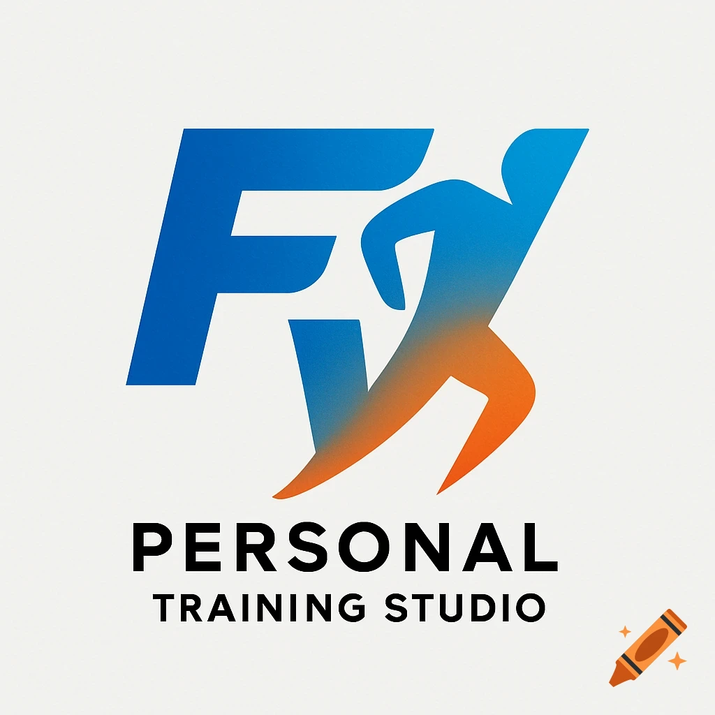 A blue and orange gradient 'FX' logo with a running figure, and the text 'PERSONAL TRAINING STUDIO' below.