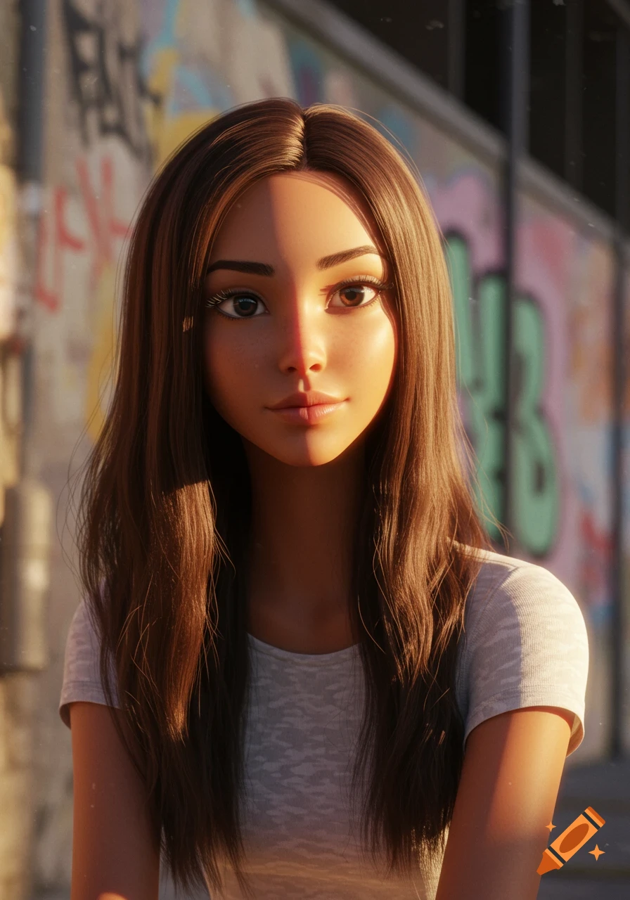 Photorealistic digital art portrait of a young girl with long brown hair, looking at the viewer, against a blurred graffiti wall in sunlight.