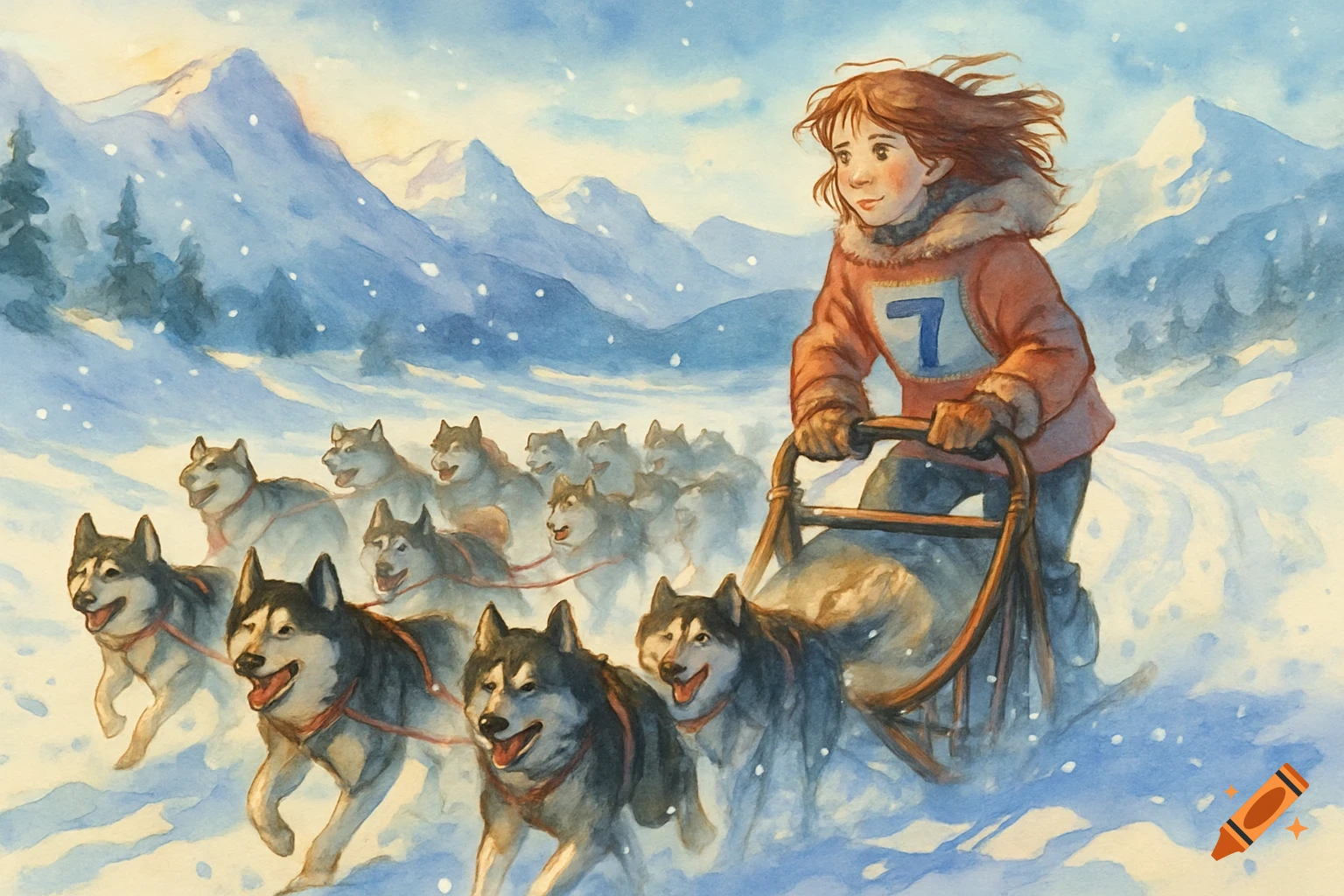 A watercolor illustration of a young girl on a dog sled with 12 husky dogs in a snowy mountain landscape.