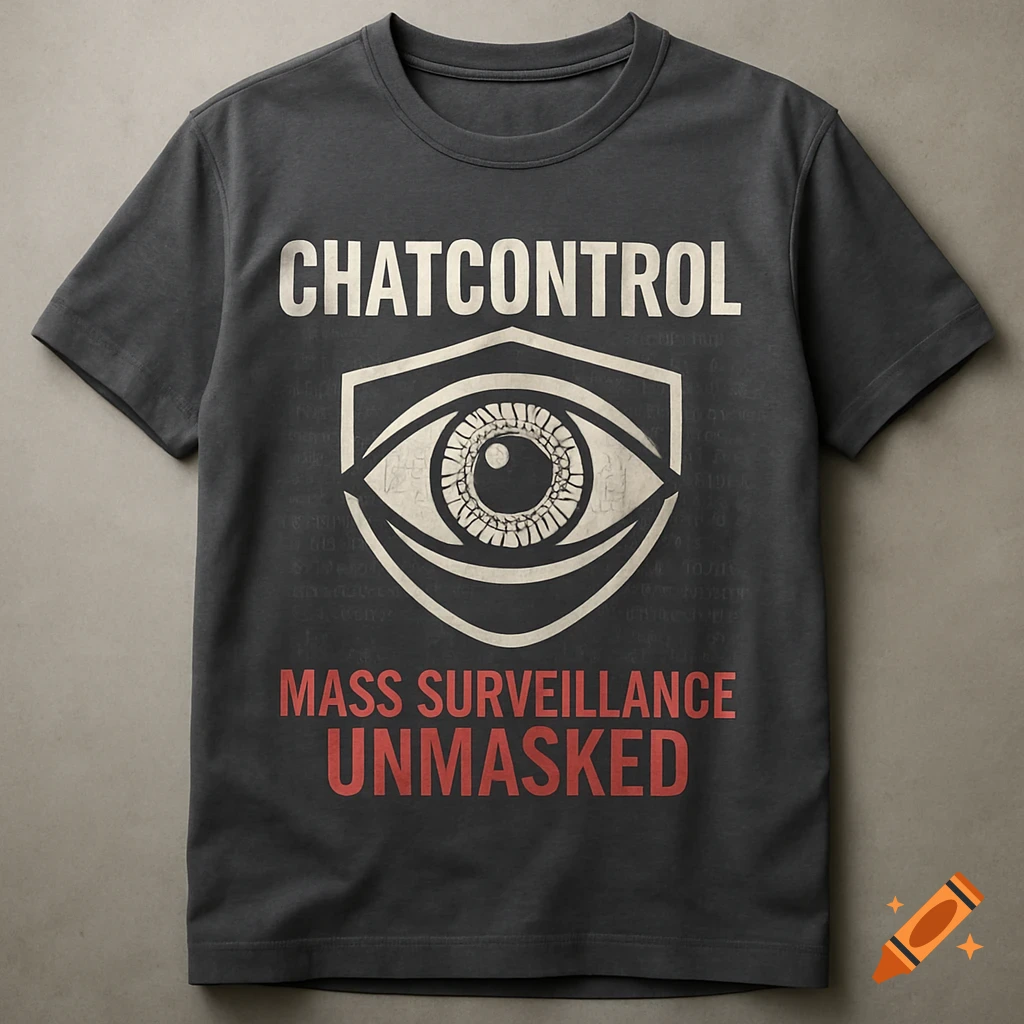 A dark gray t-shirt with an eye symbol, 'CHATCONTROL', and 'MASS SURVEILLANCE UNMASKED' printed on it.