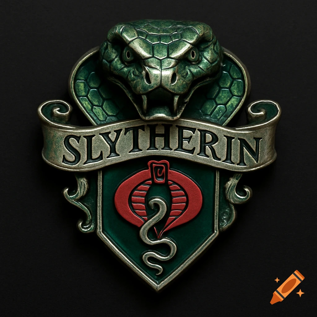 A metallic lapel pin combining a green snake head with 'SLYTHERIN' on a banner, above a green shield with a red coiled cobra logo.